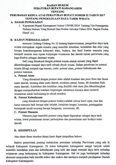 Kajian Hukum Peraturan Bupati Karangasem tentang Perubahan Kedua Atas Peraturan Bupati Nomor 52 Tahun 2017 tentang Pengelolaan Daya Tarik Wisata