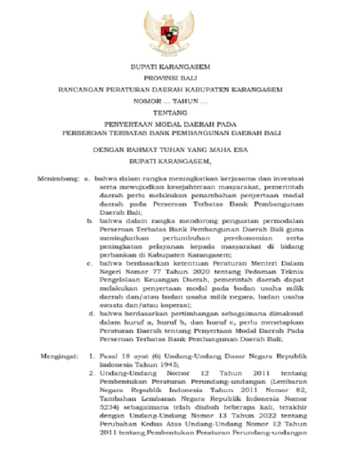 Rancangan Peraturan Daerah Kabupaten Karangasem tentnag Penyertaan Modal Daerah pada Perseoran Terbatas Bank Pembangunan Daerah Bali