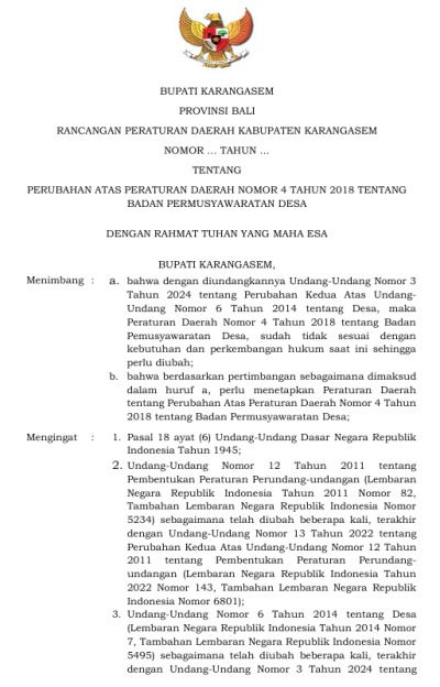 Rancangan Peraturan Daerah Kabupaten Karangasem tentang Perubahan Atas Peraturan Daerah Nomor 4 Tahun 2018 tentang Badan Permusyawaratan Desa