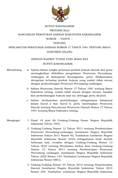 Rancangan Peraturan Daerah Kabupaten Karangasem tentang Pencabutan Peratuan Daerah Nomor 17 Tahun 1991 tentang Biaya Dokumen Lelang