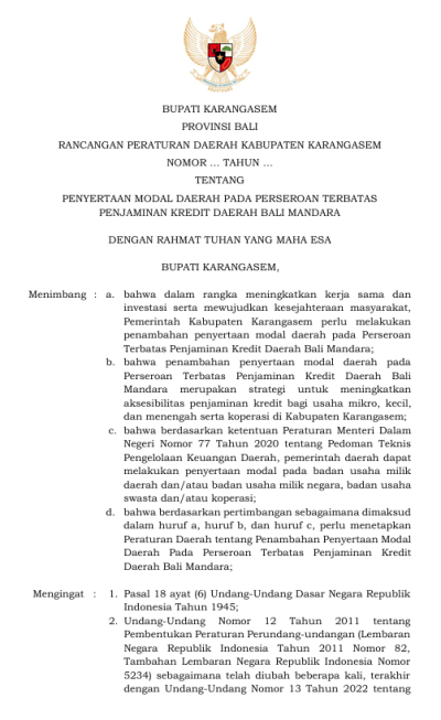 Rancangan Peraturan Daerah Kabupaten Karangasem tentang Penyertaan Modal Daerah pada Perseroan Terbatas Penjamin Kredit Daerah Bali Mandara