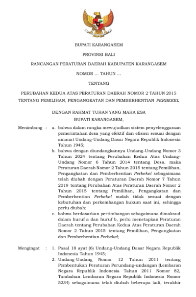 Rancangan Peraturan Daerah Kabupaten Karangasem tentang Perubahan Kedua Atas Peraturan Daerah Nomor 2 Tahun 2015 tentang Pemilihan, Pengangkatan dan Pemberhentian Perbekel